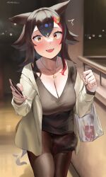 Rule 34 | 1girl, :d, animal ears, bag, black hair, black pantyhose, blush, breasts, cellphone, cleavage, condom box, frikulu, hair ornament, hairclip, highres, hololive, jewelry, large breasts, long hair, looking at viewer, multicolored hair, necklace, ookami mio, open mouth, pantyhose, phone, plastic bag, red hair, smartphone, smile, solo, streaked hair, sweat, tail, two-tone hair, virtual youtuber, wolf ears, wolf tail, yellow eyes