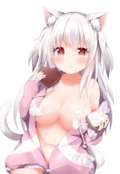 Rule 34 | 1girl, animal ears, blonde hair, blouse, blush, breasts, candy, cat ears, cat girl, chocolate, chocolate heart, closed mouth, cream, cream on face, cream puff, food, food on face, hair between eyes, heart, highres, holding, long hair, long sleeves, looking at viewer, medium breasts, medium hair, original, pink shirt, pointy ears, red eyes, shirt, solo, standing, thighhighs, tutsucha illust, underwear, white background