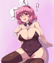 Rule 34 | !, 1girl, animal ears, bad id, bad pixiv id, bare shoulders, black thighhighs, blush, breasts, cleavage, covered navel, highres, huge breasts, leotard, moisture (chichi), open mouth, pink eyes, pink hair, playboy bunny, plump, polka dot, polka dot background, rabbit ears, saigyouji yuyuko, short hair, smile, solo, thighhighs, touhou