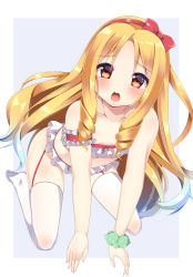 Rule 34 | 10s, 1girl, all fours, blonde hair, blush, bow, drill hair, eromanga sensei, garter straps, hairband, highres, long hair, looking at viewer, open mouth, pokonyan (kuhina0110), red bow, red eyes, solo, teeth, thighhighs, white thighhighs, yamada elf