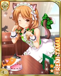 Rule 34 | 1girl, animal ears, bell, bow, brown eyes, brown hair, card (medium), cat ears, cat tail, closed mouth, day, dress, fake animal ears, fake tail, girlfriend (kari), green bow, green dress, green thighhighs, hair bell, hair ornament, indoors, looking at viewer, low twintails, official art, one eye closed, qp:flapper, smile, solo, table, tagme, tail, tamai remi, tanabata, thighhighs, twintails, white headdress, wink