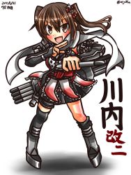 Rule 34 | 10s, 1girl, armor, black socks, brown hair, character name, dated, full body, greaves, hair between eyes, hebitsukai-san, highres, kantai collection, kneehighs, kuji-in, legs apart, lolita fashion, open mouth, scarf, sendai (kancolle), sendai kai ni (kancolle), simple background, single kneehigh, single sock, socks, solo, standing, thighhighs, twintails, two side up, v-shaped eyebrows, wa lolita, white background, yellow eyes