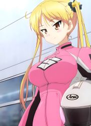 Rule 34 | 1girl, absurdres, bakuon!!, blonde hair, blush, bodysuit, breasts, brown eyes, closed mouth, helmet, highres, large breasts, long hair, motorcycle helmet, racing suit, smile, solo, stitched, suzunoki rin, third-party edit, twintails