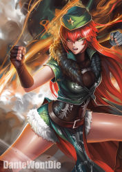 Rule 34 | 1girl, artist name, asymmetric gloves, asymmetrical gloves, belt, black gloves, braid, clenched hands, dantewontdie, fighting stance, fire, fur trim, gloves, glowing, glowing eye, green eyes, hair between eyes, hat, hong meiling, jacket, legs apart, long hair, looking away, outstretched arms, pelvic curtain, red hair, short sleeves, smoke, solo, star (symbol), teeth, text focus, touhou, uneven gloves, very long hair