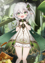 Rule 34 | + +, 1girl, :d, absurdres, aranara (genshin impact), bare shoulders, blurry, blurry background, blush, commentary request, day, depth of field, dress, feet out of frame, forest, genshin impact, gradient hair, green eyes, green hair, grey hair, hair between eyes, highres, jiu (sdesd3205), long hair, looking at viewer, multicolored hair, nahida (genshin impact), nature, open mouth, outdoors, short shorts, shorts, shorts under dress, side ponytail, sleeveless, sleeveless dress, smile, solo focus, standing, tree, white dress, white shorts