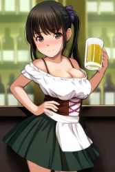 Rule 34 | 1girl, absurdres, alcohol, beer, beer mug, black hair, blurry, blurry background, blush, breasts, brown eyes, cleavage, closed mouth, collarbone, commentary request, corset, cup, depth of field, green background, green skirt, hand on own hip, highres, holding, holding cup, large breasts, matsunaga kouyou, medium hair, mug, original, ponytail, purple scrunchie, scrunchie, short sleeves, skirt, smile, solo focus, standing, table