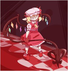 Rule 34 | 1girl, ascot, blonde hair, blood, blood on arm, blood on clothes, blood on hands, blood on leg, blood on shoes, bobby socks, burgivore, checkered floor, closed mouth, collared shirt, crystal, fang, fang out, flandre scarlet, frilled shirt collar, frills, full body, hat, hat ribbon, holding, holding polearm, holding weapon, laevatein (touhou), large ears, mary janes, medium hair, mob cap, multicolored wings, pigeon-toed, pointy ears, polearm, puffy short sleeves, puffy sleeves, red background, red eyes, red footwear, red ribbon, red skirt, red theme, red vest, ribbon, shirt, shoes, short sleeves, skirt, skirt set, socks, solo, standing, touhou, vest, weapon, white hat, white shirt, white socks, wings, yellow ascot
