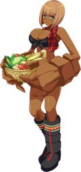 Rule 34 | 1girl, artist request, basket, black footwear, blunt bangs, blush, bob cut, body writing, boots, breast tattoo, breasts, brown hair, cabbage, character name, cleavage, corn, cucumber, dark-skinned female, dark skin, emeth (monster musume), game cg, golem, green eyes, holding, holding basket, knee boots, large breasts, large hands, looking at viewer, monster musume no iru nichijou, monster musume no iru nichijou online, official art, onion, oversized limbs, plaid, plaid vest, potato, short hair, smile, solo, tattoo, tomato, transparent background, vest