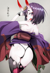 Rule 34 | 1girl, absurdres, ass, back, bare shoulders, bob cut, butt crack, character name, cowboy shot, dai yasude, eyeliner, fang, fate/grand order, fate (series), from behind, headpiece, highres, horns, japanese clothes, kimono, looking at viewer, looking back, makeup, obi, oni, open mouth, profile, purple eyes, purple hair, purple kimono, revealing clothes, sash, short eyebrows, short hair, short kimono, shuten douji (fate), sideways mouth, skin-covered horns, smile, solo, thighhighs, wide sleeves