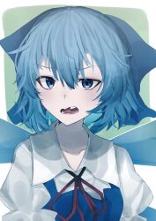 Rule 34 | 1girl, blue bow, blue dress, blue eyes, blue hair, bow, breasts, cirno, collarbone, commentary request, dress, furrowed brow, hair between eyes, highres, ice, ice wings, looking at viewer, missing tooth, nasu1225, open mouth, red ribbon, ribbon, short hair, simple background, small breasts, solo, touhou, upper body, wing collar, wings