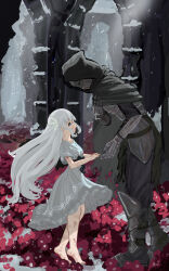 Rule 34 | 1boy, 1girl, absurdres, armor, barefoot, black ribbon, blue eyes, cloak, crying, crying with eyes open, dress, ender lilies quietus of the knights, flower, hair ornament, highres, holding hands, hood, lily (ender lilies), long hair, looking up, lyib, purple flower, ribbon, short sleeves, tears, white dress, white hair