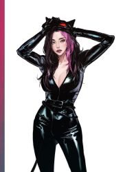 Rule 34 | 1girl, batman (series), belt, black belt, black bodysuit, black gloves, bodysuit, breasts, brown hair, catwoman, catwoman (cosplay), cbb (tuucoo), cleavage, collarbone, cosplay, dc comics, gloves, goggles, goggles on head, grey eyes, hand on own head, highres, itzy, k-pop, looking at viewer, medium breasts, multicolored hair, open mouth, pink hair, real life, realistic, solo, streaked hair, white background, yeji (itzy)