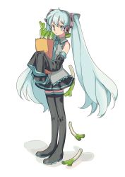 Rule 34 | 1girl, 9sui, aqua eyes, aqua hair, bag, black footwear, black thighhighs, boots, collared shirt, detached sleeves, full body, hatsune miku, headset, highres, holding, long hair, long sleeves, miniskirt, necktie, paper bag, pleated skirt, shirt, skirt, sleeves past wrists, solo, spring onion, thigh boots, thighhighs, twintails, very long hair, vocaloid, wide sleeves, zettai ryouiki