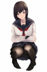 Rule 34 | 1girl, akito (d30n26), black eyes, black hair, black pantyhose, blue sailor collar, blue skirt, commentary request, crossed arms, feet, full body, head tilt, highres, looking at viewer, neckerchief, no shoes, original, panties, panties under pantyhose, pantyhose, pantyshot, pleated skirt, red neckerchief, sailor collar, shirt, short hair, simple background, skirt, solo, squatting, underwear, upskirt, white background, white panties, white shirt