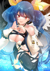 Rule 34 | 1girl, absurdres, angel wings, artist name, bare shoulders, belt, black background, black panties, black thighhighs, blue hair, breasts, cleavage, detached sleeves, dizzy (guilty gear), guilty gear, guilty gear xrd, hair ribbon, hair rings, highres, large breasts, looking at viewer, mature female, midriff, monster girl, nail polish, navel, panties, red eyes, ribbon, rio, sidelocks, skindentation, smile, solo, sparkle, stomach, tail, tail ornament, tail ribbon, thick thighs, thigh strap, thighhighs, thighs, twintails, underwear, water, water drop, wings, yellow ribbon