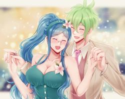 Rule 34 | 1boy, 1girl, :d, amami rantaro, antenna hair, bare shoulders, beige jacket, blue hair, blush, braid, breasts, cleavage, closed eyes, collarbone, collared shirt, commentary, couple, dancing, danganronpa (series), danganronpa 10th anniversary costume, danganronpa v3: killing harmony, donutous, dress, flower, glasses, green dress, green hair, green hairband, hair between eyes, hair flower, hair ornament, hairband, hands up, happy, hetero, holding hands, jewelry, large breasts, long hair, long sleeves, official alternate costume, open mouth, pink neckwear, ponytail, ring, round eyewear, shirogane tsumugi, shirt, short hair, sleeveless, smile, symbol-only commentary, upper body, white shirt
