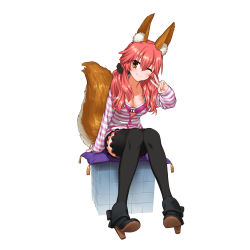 Rule 34 | 10s, 1girl, animal ears, ankle boots, black thighhighs, boots, bra, breasts, cleavage, fate/extra, fate (series), fox ears, fox tail, high heels, ikesin, ikezawa shin, long hair, medium breasts, official alternate costume, one eye closed, open clothes, pillow, pink bra, pink hair, simple background, sitting, solo, tail, tamamo no mae (fate/extra), tamamo no mae (spring casual) (fate), thighhighs, twintails, underwear, v, white background, yellow eyes