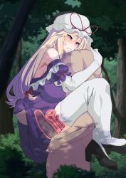 Rule 34 | 1boy, 1girl, anal, animated, animated gif, bare shoulders, black footwear, blonde hair, blush, breasts, censored, closed mouth, clothed female nude male, clothed sex, dress, elbow gloves, frills, from side, gloves, hat, hat ribbon, hetero, highres, hug, leg lock, long hair, mob cap, mosaic censoring, nude, off-shoulder dress, off shoulder, outdoors, penis, purple dress, purple eyes, rape, ribbon, sex, standing, suspended congress, tears, thighhighs, touhou, umezawa itte, white gloves, white headwear, white thighhighs, x-ray, yakumo yukari