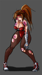 Rule 34 | 1girl, bare shoulders, beaten, blood, breakers, breasts, brown eyes, brown hair, bruise, cleavage, defeat, drooling, full body, grey background, hand wraps, headband, heavy breathing, highres, holding own arm, injury, ishu (ljcwer), large breasts, leotard, long hair, long legs, one eye closed, open mouth, pain, pantyhose, playboy bunny, ponytail, ryona, shoes, simple background, sneakers, solo, tia langray, torn clothes, torn pantyhose, wince, wrist wrap