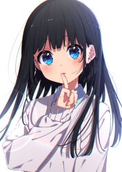 Rule 34 | 1girl, black hair, blue eyes, blue shirt, blunt bangs, blush, collared shirt, earrings, finger to mouth, glint, grey sweater, hand up, jewelry, long hair, long sleeves, looking at viewer, mamyouda, nail polish, original, piercing, shirt, simple background, sleeves past wrists, solo, sweater, upper body, white background