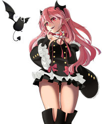 Rule 34 | 10s, 1girl, absurdres, arukanu, bare shoulders, bat (animal), black dress, black footwear, black thighhighs, boots, breasts, choker, cleavage, detached sleeves, dress, fangs, from below, hair ornament, highres, krul tepes, legs, long hair, looking at another, owari no seraph, pink hair, pleated skirt, pointy ears, red eyes, ribbon, shiro ami, simple background, skirt, solo, thighhighs, thighs, upper body, upskirt, vampire, white background