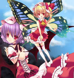 Rule 34 | 2girls, adapted costume, alternate costume, alternate wings, ascot, backless dress, backless outfit, bare back, bat wings, blonde hair, bow, butterfly wings, dress, fang, female focus, flandre scarlet, hair bow, hat, ichiru (yuzu-an), insect wings, multicolored wings, multiple girls, open mouth, purple hair, red eyes, remilia scarlet, short hair, siblings, side ponytail, sisters, sleeveless, sleeveless dress, thighhighs, touhou, white legwear, wings, wrist cuffs