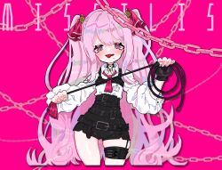 Rule 34 | 1girl, belt, black belt, black gloves, black shorts, collared shirt, fingerless gloves, flat chest, gloves, goddess of victory: nikke, hair ribbon, heart, heart-shaped pupils, high-waist shorts, holding, holding whip, long hair, looking at viewer, mole, mole under mouth, necktie, pink hair, purple eyes, red necktie, red ribbon, ribbon, shirt, shirt tucked in, short necktie, shorts, sidelocks, single glove, solo, symbol-shaped pupils, thigh strap, tongue, tongue out, twintails, uniofthedead, very long hair, white shirt, yuni (nikke)