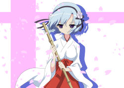 Rule 34 | 10s, broom, cherry blossoms, henriette mystere, hoshino sora, japanese clothes, miko, purple eyes, silver hair, solo, tantei opera milky holmes