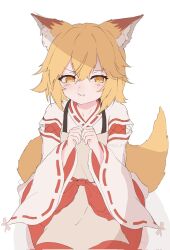 1girl animal_ear_fluff animal_ears apron blaya_art blonde_hair blush brown_apron dot_nose fox_ears fox_girl fox_tail hair_between_eyes hakama highres japanese_clothes kimono kneeling miko own_hands_together pout red_hakama ribbon-trimmed_sleeves ribbon_trim senko_(sewayaki_kitsune_no_senko-san) sewayaki_kitsune_no_senko-san short_hair signature solo tail white_background white_kimono wide_sleeves yellow_eyes