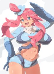 Rule 34 | 1girl, :d, blue eyes, blue gloves, breasts, breasts apart, creatures (company), game freak, gloves, hair between eyes, hair ornament, hand on own hip, hand up, highres, large breasts, navel, nintendo, open mouth, pokemon, pokemon bw, red hair, salute, skyla (pokemon), smile, solo, teeth, tenako (mugu77), upper teeth only