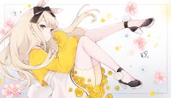 Rule 34 | 1girl, :3, animal ears, black bow, black footwear, blush, bow, character request, closed mouth, extra ears, flower, hair bow, highres, long hair, long sleeves, looking at viewer, shoes, sleeves past fingers, sleeves past wrists, smile, solo, thighhighs, virtual youtuber, yennineii, zettai ryouiki