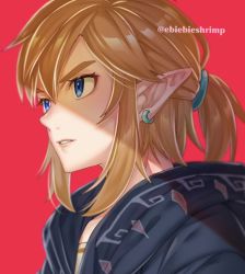 Rule 34 | 1boy, blonde hair, blue eyes, commentary, earrings, from side, hair between eyes, jewelry, link, lips, male focus, medium hair, nintendo, parted lips, pointy ears, ponytail, portrait, red background, shade, shuri (84k), sidelocks, simple background, solo, symbol-only commentary, the legend of zelda, the legend of zelda: breath of the wild, thick eyebrows, twitter username