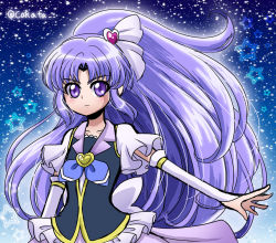 Rule 34 | 10s, 1girl, arm warmers, blue background, bow, brooch, cokata, cowboy shot, cure fortune, frills, hair ornament, hair ribbon, happinesscharge precure!, heart, heart brooch, heart hair ornament, hikawa iona, jewelry, long hair, magical girl, precure, purple bow, purple eyes, purple hair, purple skirt, ribbon, serious, skirt, solo, star (symbol), starry background, twitter username, wide ponytail