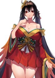 Rule 34 | 1girl, absurdres, ahoge, azur lane, bare shoulders, black hair, breasts, cleavage, collarbone, commentary request, crossed bangs, feather-trimmed sleeves, finger to mouth, hair between eyes, hair ribbon, hakama, hakama short skirt, hakama skirt, highres, huge breasts, japanese clothes, kimono, long hair, long sleeves, looking at viewer, mask, mask on head, obi, off shoulder, open mouth, red eyes, red kimono, ribbon, sash, simple background, skirt, solo, standing, striped ribbon, taihou (azur lane), twintails, very long hair, white background, wide sleeves, yamanokami eaka