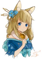 Rule 34 | 1girl, animal ears, azur lane, bare shoulders, bell, blonde hair, blue eyes, blue kimono, blunt bangs, blush, cropped torso, dated, fox ears, fur collar, highres, holding, japanese clothes, jewelry, jingle bell, kimono, long hair, long sleeves, looking at viewer, low twintails, necklace, niizuki (azur lane), obi, parted lips, sako (35s 00), sash, signature, simple background, solo, tears, twintails, upper body, white background, wide sleeves