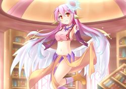 Rule 34 | 10s, 1girl, :d, absurdres, angel wings, asymmetrical legwear, blush, book, bookshelf, breasts, chrisandita, collaboration, feathered wings, flying, gloves, gradient hair, grin, highres, jibril (no game no life), library, looking at viewer, md5 mismatch, midriff, mismatched legwear, multicolored hair, navel, no game no life, open mouth, orange eyes, pink hair, purple legwear, resolution mismatch, shiny skin, sideboob, smile, solo, source smaller, symbol-shaped pupils, white wings, wings
