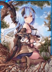 Rule 34 | &gt;:), 1girl, akkijin, armpits, ass, bare shoulders, bike shorts, blue hair, blue sky, boots, bow, breasts, card (medium), cleavage, day, hair ornament, large breasts, official art, outdoors, red eyes, seiza, shinkai no valkyrie, short hair, shorts, sitting, sky, soles, tree, underwear, weapon