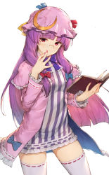 Rule 34 | 1girl, absurdres, blue bow, blunt bangs, book, bow, bowtie, capelet, closed mouth, crescent, crescent pin, dress, gradient hair, hair bow, hat, hat ribbon, highres, holding, holding book, kotoribako, long hair, long sleeves, looking at viewer, multicolored hair, nail polish, patchouli knowledge, pink eyes, pink hair, pink hat, pink nails, purple bow, purple bowtie, purple hair, red bow, ribbon, ribbon-trimmed legwear, ribbon trim, short dress, simple background, smile, solo, striped clothes, striped dress, thighhighs, touhou, very long hair, white background, white thighhighs