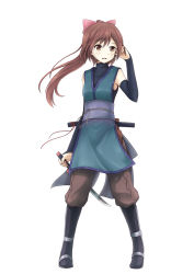 Rule 34 | 1girl, :d, armpits, asakurashinji, bow, brown eyes, brown hair, elbow pads, full body, hair bow, hair ribbon, highres, holding, japanese clothes, long hair, looking at viewer, ninja, ninjatou, open mouth, original, ponytail, ribbon, short sword, simple background, smile, solo, sword, weapon, white background, wind