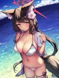 Rule 34 | 1girl, animal ear fluff, animal ears, bikini, black hair, blue archive, breasts, cape, caustics, cleavage, closed mouth, collarbone, day, flower, fox ears, fox girl, fox tail, hair flower, hair ornament, halo, halterneck, halterneck, hands up, highres, large breasts, long hair, looking at viewer, low twintails, navel, ocean, outdoors, ryuinu, smile, solo, standing, stomach, strap gap, string bikini, swimsuit, tail, thighs, twintails, very long hair, wading, wakamo (blue archive), wakamo (swimsuit) (blue archive), water, white bikini, yellow eyes