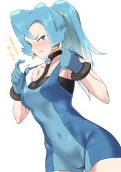 Rule 34 | 1girl, bad id, bad pixiv id, bare shoulders, blue bodysuit, blue eyes, blue hair, blush, bodysuit, breasts, clair (pokemon), cleavage, collarbone, covered navel, creatures (company), earrings, game freak, gloves, gym leader, hair between eyes, highres, jewelry, large breasts, long hair, looking at viewer, nintendo, parted bangs, pokemon, pokemon hgss, ponytail, simple background, solo, strap pull, translation request, white background, youhei (testament)