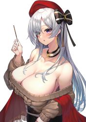 Rule 34 | 1girl, absurdres, aran sweater, azur lane, bare shoulders, belfast (azur lane), belfast (shopping with the head maid) (azur lane), beret, black skirt, blush, breasts, brown sweater, cable knit, choker, cleavage, collarbone, commentary request, earrings, eyes visible through hair, food, hat, head tilt, highres, holding, holding food, holding pocky, hoop earrings, jewelry, large breasts, long hair, looking at viewer, off-shoulder sweater, off shoulder, open mouth, pencil skirt, pocky, purple eyes, red hat, shawl, silver hair, simple background, skirt, solo, sweater, very long hair, white background, yamanokami eaka