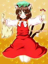 Rule 34 | 1girl, bag, blush stickers, chen, dress, female focus, full body, gradient background, hat, one eye closed, saemon (tonpura), solo, thumbs up, touhou, wink