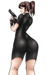 Rule 34 | 1girl, ass, ayuayu (shouyu no sato), beretta 92, black gloves, blue eyes, breasts, brown hair, butt crack, claire redfield, cowboy shot, covered erect nipples, finger on trigger, fingerless gloves, from behind, gloves, grey hair, gun, handgun, high ponytail, highres, holding, holding gun, holding weapon, kneepits, light smile, lips, long hair, looking at viewer, looking back, nipples, pistol, ponytail, profile, resident evil, resident evil 2, short ponytail, sideboob, sidelocks, simple background, skin tight, smile, solo, standing, thighs, turtleneck, unitard, weapon, white background