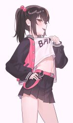Rule 34 | 1girl, :d, belt, black jacket, black skirt, blush, brown hair, clothes lift, contrapposto, cowboy shot, crop top, crop top overhang, from side, fymrie, hair ornament, hand on own hip, highres, jacket, lifting own clothes, long hair, long sleeves, looking at viewer, midriff, miniskirt, multicolored clothes, multicolored jacket, navel, open clothes, open jacket, open mouth, orange eyes, original, pink belt, pink jacket, pleated skirt, shirt, shirt lift, simple background, skirt, smile, smug, solo, standing, stomach, teeth, thighs, twintails, two-tone jacket, white shirt
