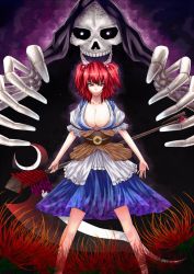 Rule 34 | 1girl, breasts, cleavage, coin, death (entity), dress, female focus, flower, grim reaper, gumihotaru, hair bobbles, hair ornament, huge breasts, large breasts, obi, onozuka komachi, red eyes, red hair, sash, scythe, short hair, short twintails, skeleton, skull, smile, spider lily, touhou, twintails, two side up