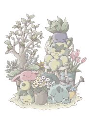 Rule 34 | animal focus, berry (pokemon), bulbasaur, claws, closed mouth, creatures (company), daisy, flower, game freak, gen 1 pokemon, gen 2 pokemon, hoppip, nintendo, no humans, oddish, on chair, open mouth, plant, pokemon, potted plant, simple background, sleeping, smile, smoliv, sprigatito, tamio1724, tree, tulip, watering can, white background, white flower, yellow flower