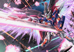 Rule 34 | absurdres, battle, beam sword, commentary request, destiny gundam spec ii, energy sword, energy wings, explosion, glowing, glowing eyes, green eyes, gundam, gundam seed, gundam seed freedom, highres, holding, holding sword, holding weapon, light particles, mecha, mobile suit, no humans, robot, science fiction, solo, space, sparkle, sword, troy (oxaa01ex), v-fin, weapon