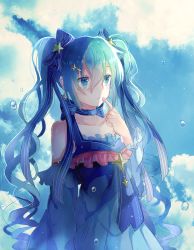 Rule 34 | 1girl, absurdres, bad id, bad pixiv id, blue bow, blue dress, blue eyes, blue hair, blue ribbon, bow, choker, cloud, collarbone, detached sleeves, dress, finger to mouth, frilled dress, frills, hair between eyes, hair bow, hair ornament, hatsune miku, highres, iceblue, long hair, parted lips, pleated dress, ribbon, ribbon choker, sleeveless, sleeveless dress, solo, star (symbol), star hair ornament, striped bow, striped ribbon, twintails, upper body, very long hair, vocaloid, yuki miku