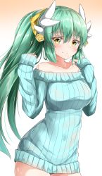 Rule 34 | 1girl, absurdres, bare shoulders, black panties, blue sweater, blush, breasts, brown background, brown eyes, closed mouth, collarbone, commentary request, dragon horns, fate/grand order, fate (series), gradient background, green hair, hair between eyes, hands up, highres, horns, kiyohime (fate), long hair, long sleeves, medium breasts, moyoron, off-shoulder, off-shoulder sweater, off shoulder, panties, ponytail, ribbed sweater, sidelocks, sleeves past wrists, smile, solo, sweater, underwear, very long hair, white background